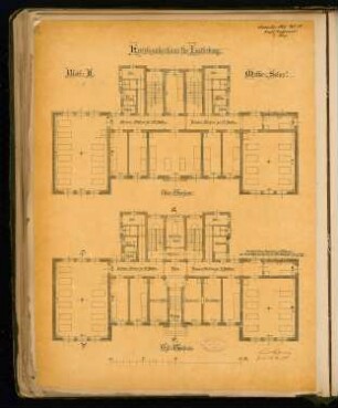 Kreiskrankenhaus, Insterburg Monatskonkurrenz November 1885: Grundriss Erdgeschoss, Obergeschoss; Maßstabsleiste