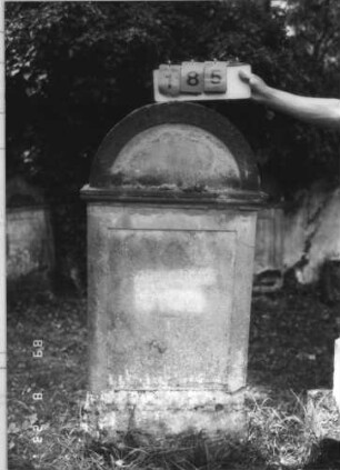 Grabstein 185 (Index: 100110621) Material: Sandstein Zustand: leicht verwittert, Giebel beschädigt Maße HxBxT: 153x69x17 cm Beschreibung: Stele, Sockel, Rundbogenabschluß mit Verdachung, Schriftfelder eingetieft: Grabstein 185