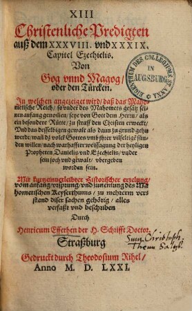 Christenliche Predigten (13) auß dem 38 - 39 cap. Ezechielis von Gog & Magog oder den Türcken