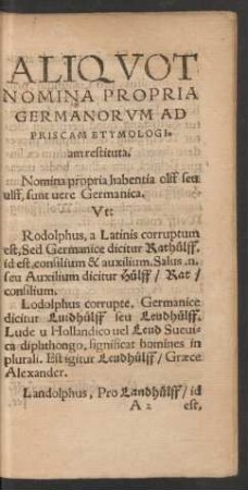 Aliquot Nomina Propria Germanorum Ad Priscam Etymologiam restituta.