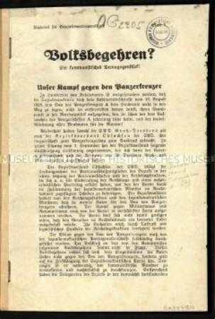 Antikommunistische Schrift der SPD gegen das Volksbegehren zum Panzerkreuzerbau