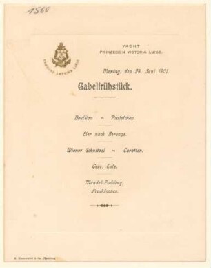 Menükarte : Gabelfrühstück, Yacht "Prinzessin Victoria Luise"