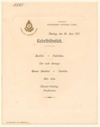 Menükarte : Gabelfrühstück, Yacht "Prinzessin Victoria Luise"