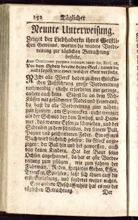 Neundte Unterweisung. Zeiget der Liebhaberin ihres Geistlichen Gewinns, worinn die weitere Vorbereitung zur täglichen Betrachtung bestehe.