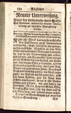 Neundte Unterweisung. Zeiget der Liebhaberin ihres Geistlichen Gewinns, worinn die weitere Vorbereitung zur täglichen Betrachtung bestehe.