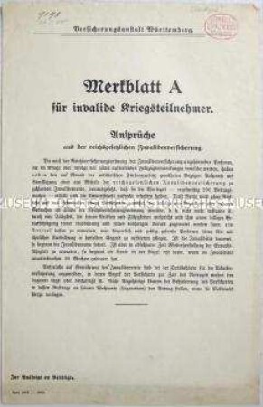 Merkblatt über Versicherungsansprüche von Kriegsinvaliden