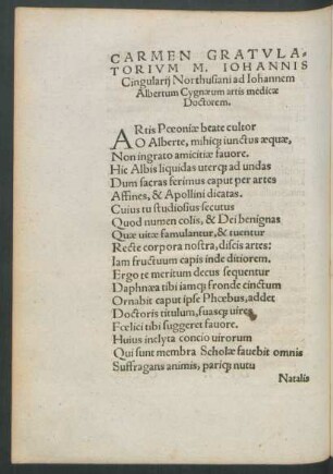 Carmen Gratulatorium M. Iohannis Cingularii Northusiani ad Iohannem Albertum Cygnaeum ...