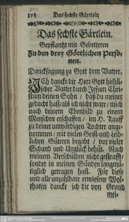 Das sechste Gärtlein. Gepflantzt mit Gebetteren Zu den drey Göttlichen Personen