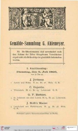 I. Auctionstag: Dienstag, den 2. Juli 1895 (Nr. 1 - 100)