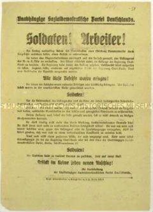 Aufruf der USPD an Arbeiter und Soldaten zur Verhinderung von Putschen im Zuge der Revolution 1918/1919