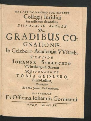 Collegii Iuridici Successionum ab intestato Disputatio Altera De Gradibus Cognationis