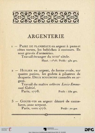 Argenterie (Nr. 1-86)