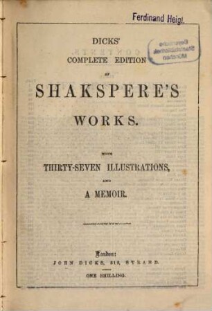 Dicks' complete edition of Shakspere's Works : With 37 illustrations and a memoir