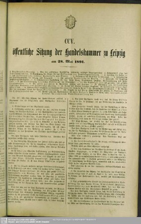CCV. öffentliche Sitzung der Handelskammer zu Leipzig am 28. Mai 1891