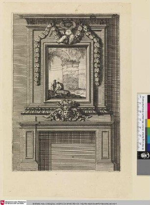 [Kaminentwurf mit einem Gemälde mit antiken Ruinen; Cheminée ornée d'un tableau représentant des ruines antiques]