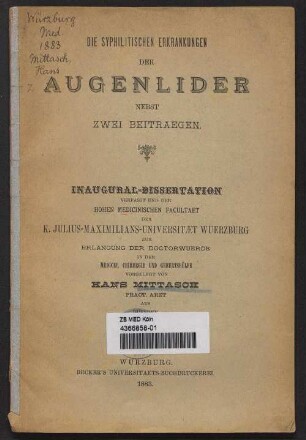 Die syphilitischen Erkrankungen der Augenlider nebst zwei Beitraegen