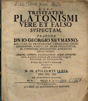 Trinitatem Platonismi Vere Et Falso Svspectam [Suspectam]