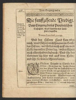 Die funffzehende Predigt. Vom Eingang dieses Prophetischen Gesichts ...