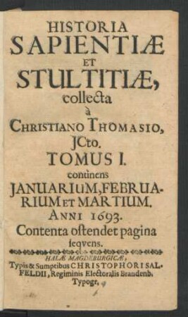 1: continens Ianuarium, Februarium Et Martium. Anni 1693.