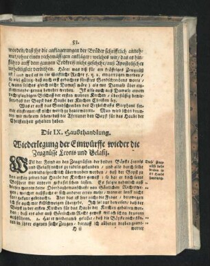 Die IX. Haubthandlung. Wiederlegung der Einwürffe wieder die Zeugnüsse Leonis und Celasii.