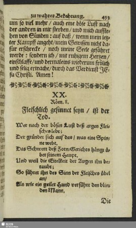 XX. Röm. 8. Fleischlich gesinnet seyn, ist der Tod