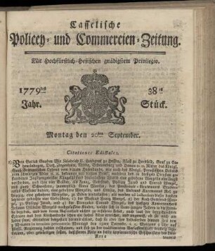 38tes Stueck, Montag den 20ten September. 1779