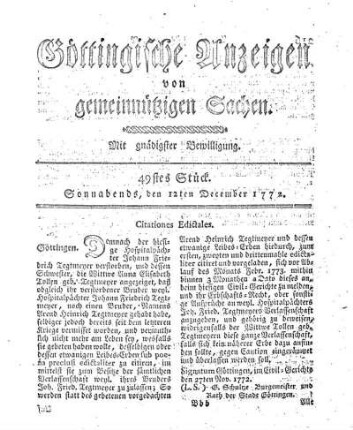49stes Stück. Sonnabends, den 12ten December 1772.
