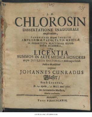 Chlorosin Dissertatione Inaugurali explicatam