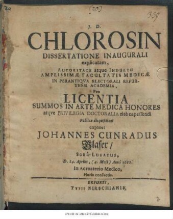 Chlorosin Dissertatione Inaugurali explicatam