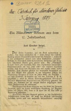 Ein Münchener Roman aus dem 17. Jahrhundert : (S.-Abdr. aus dem Jahrbuch für Münchener Geschichte. 3. Jahrg. 1889.)
