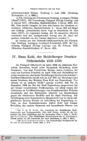 IV. Hans Kohl, der Heidelberger Drucker Ottheinrichs 1558-1559