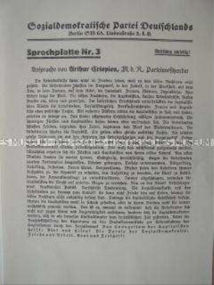 Textblatt zu einer Schallplatte mit einer Rede des SPD-Vorsitzenden Arthur Crispien