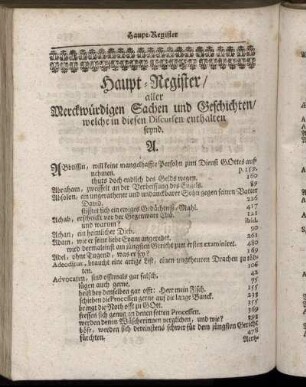 Haupt-Register/ aller Merckwürdigen Sachen und Geschichten/ welche in diesen Discursen enthalten seynd.