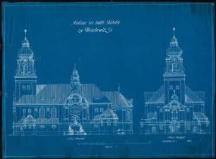 Kirche und Pfarrhaus, Miechowitz: Seiten- und Vorderansicht 1:100