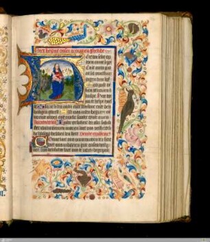 Historisierte blaue Initiale: Maria mit Kind (Deckweißzeichnung auf Goldgrund; Akanthusblatt-Bordüre mit Blumen, durchsetzt mit Vögeln)