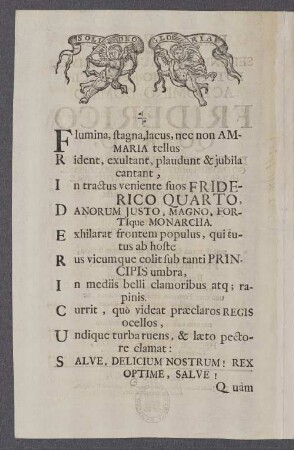 [Plausus Votivus, Quô Serenissimo, Augustissimo, Potentissimoque Principi Ac Domino, Domino Friderico Quarto, Daniæ, Norvagiæ, ...]