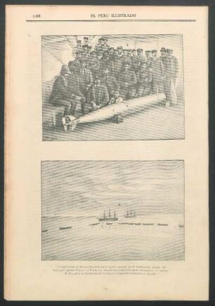 [El Torpedo lanzado al Blanco Encalada] : 1. - Torpedo tirado al Blanco Encalada por el Lynch, recogido por el comandante militar del Cachapoal capitán Donoso. 2. - Punta del torpedo destornillado para descargarlo. 3. - Capitán M. Dongall y la tripulación del Cachapoal a donde fue trasladado el torpedo.
