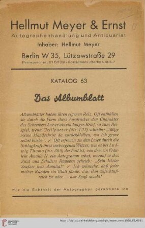 Nr. 63: Lager-Katalog: Das Albumblatt