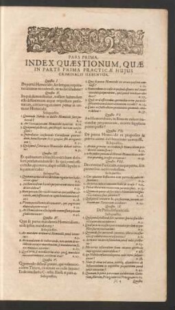 Pars Prima. Index Quaestionum, Quae In Parte Prima Practicae Huius Criminalis Habentur.