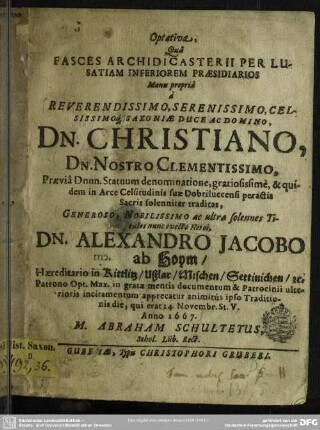 Optativa qua fasces archidicasterii per Lusatiam inferiorem ...