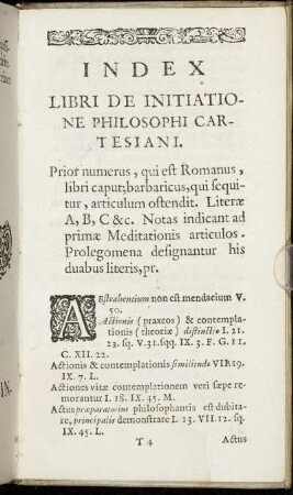Index Libri De Initiatione Philosophi Cartesiani.