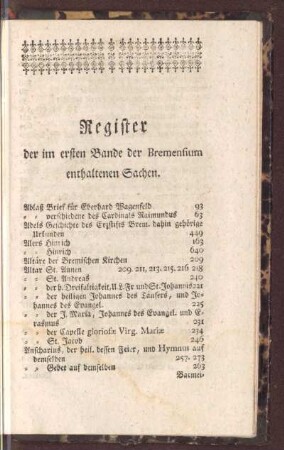 Register der im ersten Bande der Bremensium enthaltenen Sachen
