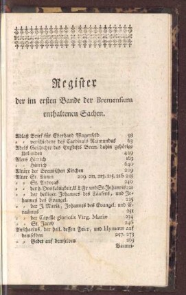 Register der im ersten Bande der Bremensium enthaltenen Sachen