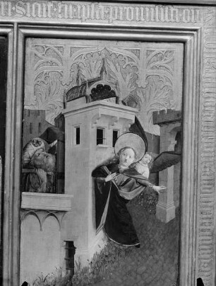 Barbara-Altar — Die heiligen Felix und Adauctus und Szenen aus dem Leben der heiligen Barbara — Barbaras Flucht aus dem Turm
