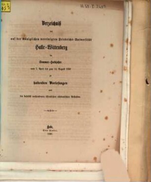 Verzeichnis der auf der Königlichen Vereinigten Friedrichs-Universität Halle-Wittenberg ... zu haltenden Vorlesungen. 1856, 1856 SH