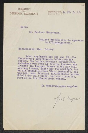 Brief von Fritz Engel von Berliner Tageblatt  an Gerhart Hauptmann