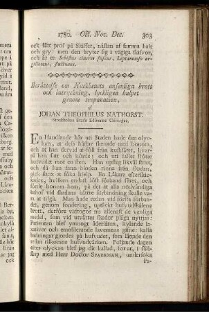 Berättelse om Nackbenets ansenliga brott och intryckning, lyckligen hulpet genom trepanation.