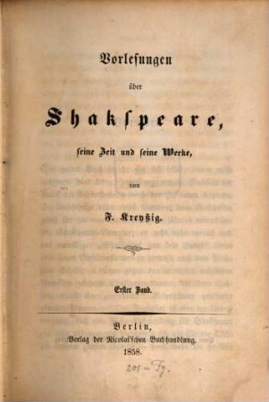 Vorlesungen über Shakespeare, seine Zeit und seine Werke. I