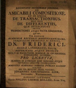 Dissertatio inauguralis iuridica, de amicabili compositione, et in specie de transactionibus, nec non de differentiis : quae intercedunt inter transactiones atque pacta remissoria