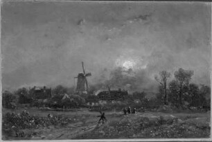 Holländisches Dorf mit Windmühle und brennendem Bauernhaus bei Nacht